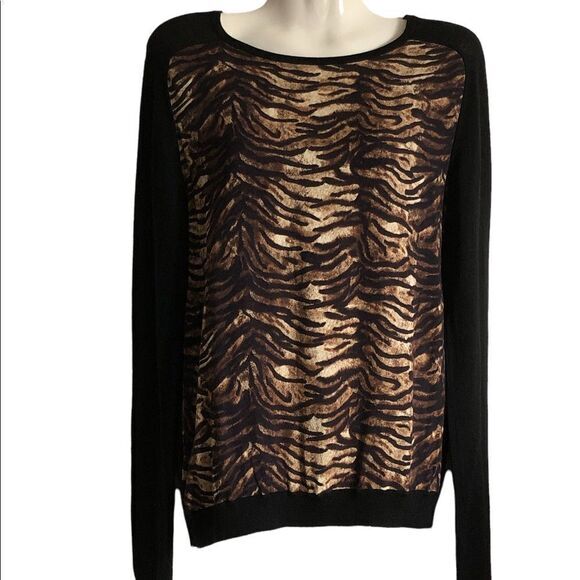 Maje top Size 2 100% Merino Wool Mixed Media animal print w solid back pullover - Picture 2 of 6